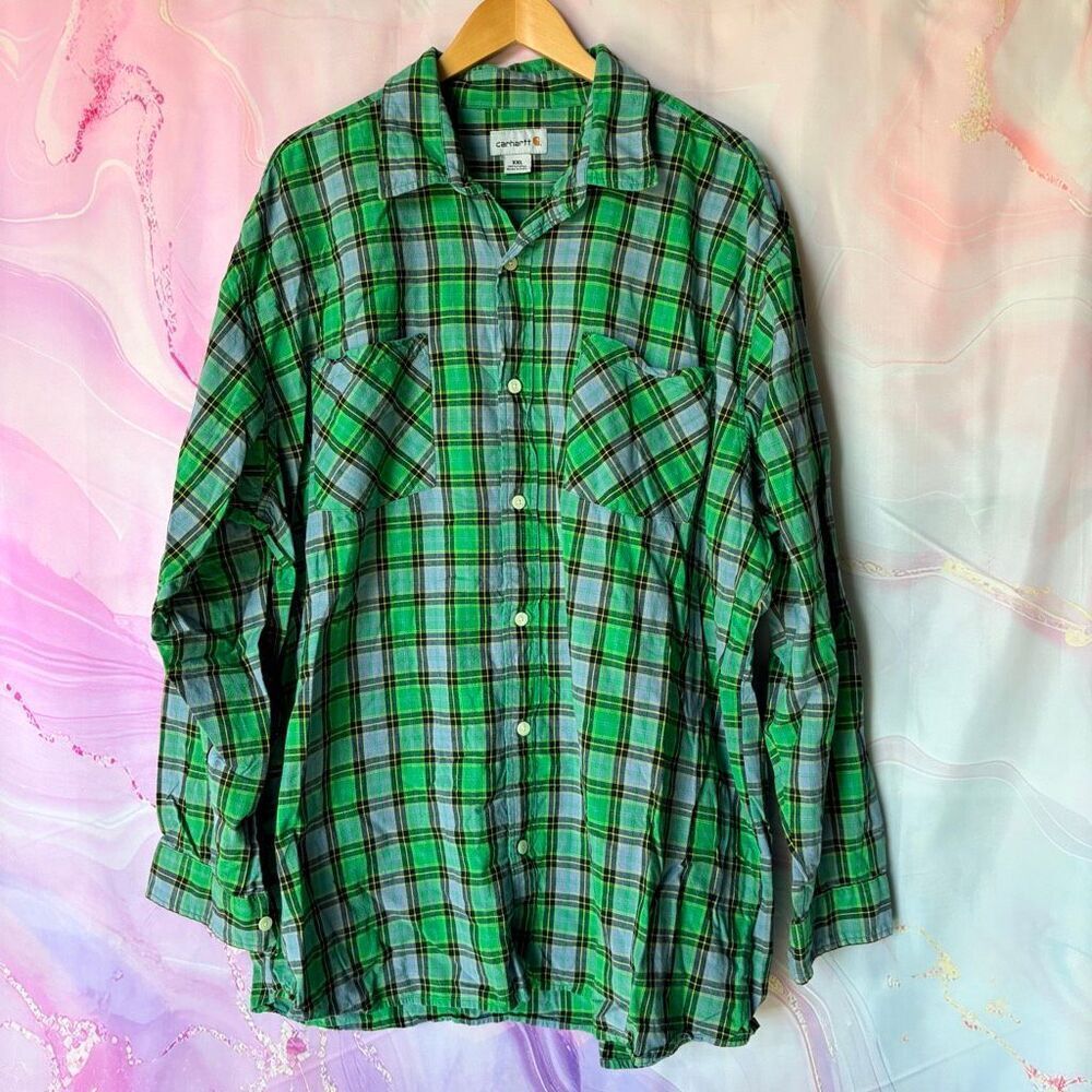 Carhartt XXL Green Blue Plaid Casual Button Down Shirt Preppy Mountain Classic